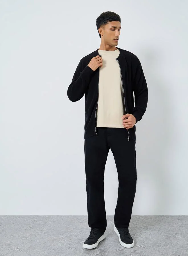 Styli Styli Men Black Knit Cardigan with Front Zip