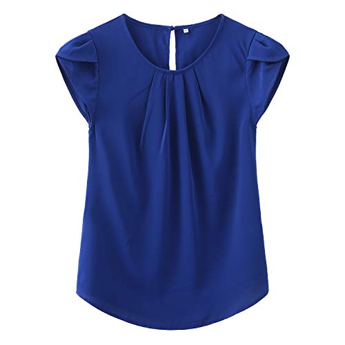 TASAMO Women's Casual Round Neck Basic Pleated Top Cap Sleeve Curved Keyhole Back Chiffon Blouse (Large, Royal Blue) - Image 1