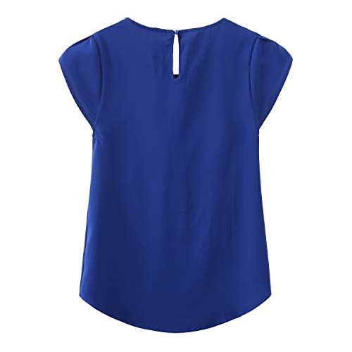 TASAMO Women's Casual Round Neck Basic Pleated Top Cap Sleeve Curved Keyhole Back Chiffon Blouse (Large, Royal Blue) - Image 2