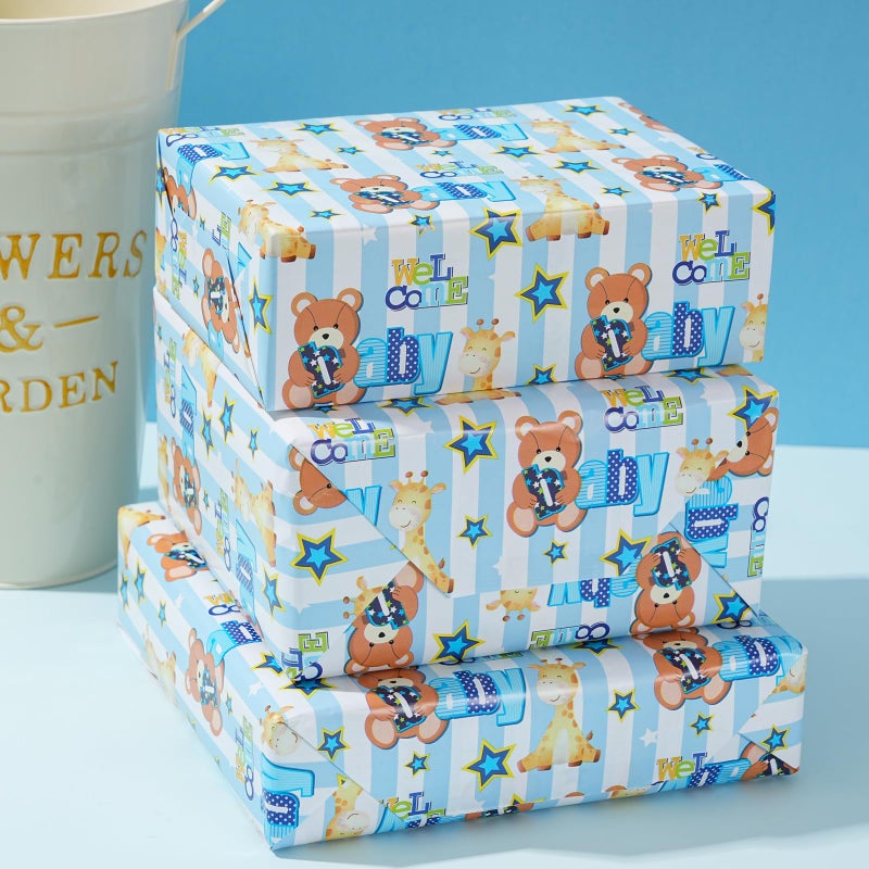 ZINTBIAL Baby Shower Wrapping Paper Roll - Blue Animal Heart Theme Newborn Gift Wrap Paper for Boy Baby Shower, Children's Christening, Birthday, New Mommy - 17.5 in x 16.5 ftï¼ŒCut Lines on Back - Image 5