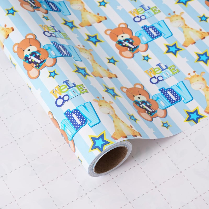 ZINTBIAL Baby Shower Wrapping Paper Roll - Blue Animal Heart Theme Newborn Gift Wrap Paper for Boy Baby Shower, Children's Christening, Birthday, New Mommy - 17.5 in x 16.5 ftï¼ŒCut Lines on Back - Image 1
