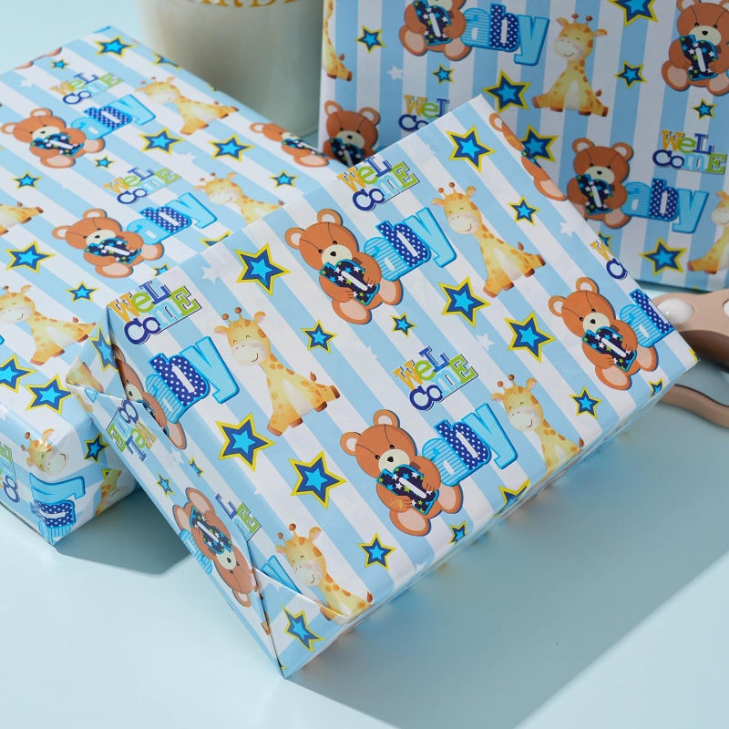 ZINTBIAL Baby Shower Wrapping Paper Roll - Blue Animal Heart Theme Newborn Gift Wrap Paper for Boy Baby Shower, Children's Christening, Birthday, New Mommy - 17.5 in x 16.5 ftï¼ŒCut Lines on Back - Image 2