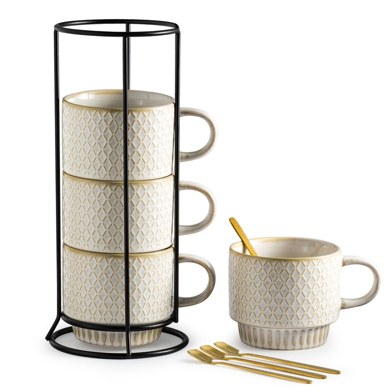 Gomakren Coffee Mugs Set of 4 13 Ounce Stackable Coffee Mugs with Stand Ceramic Coffee Cups with Spoon for Coffee Espresso Cappuccino Latte Cocoa Tea and Milk Creamy White
