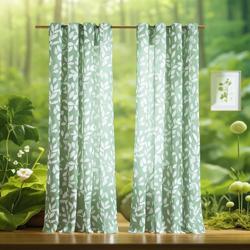 Treatmentex Leaf Print SemiSheer Curtains for Living Room Windows 95 Long White and Green Window Curtains for Bedroom Grommet Top Curtain Panels 1 Pair