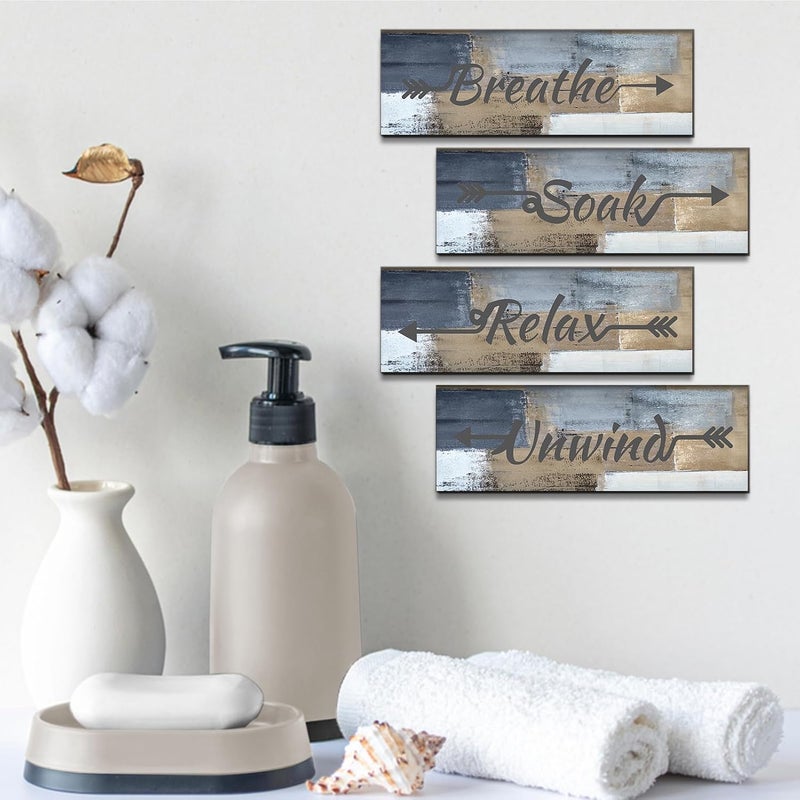 ARS Graphics ARS® 4 Pieces Blue and Brown Abstract Bathroom Wall Art Set - Relax, Soak, Unwind, Breathe Signs Decor - Image 3