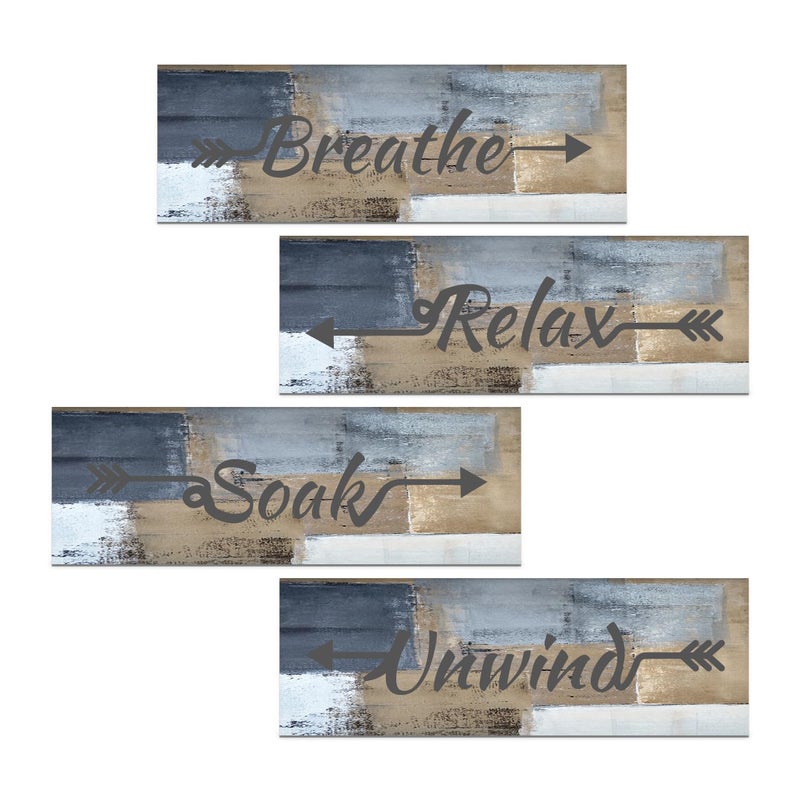 ARS Graphics ARS® 4 Pieces Blue and Brown Abstract Bathroom Wall Art Set - Relax, Soak, Unwind, Breathe Signs Decor - Image 1