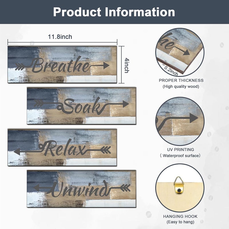 ARS Graphics ARS® 4 Pieces Blue and Brown Abstract Bathroom Wall Art Set - Relax, Soak, Unwind, Breathe Signs Decor - Image 2
