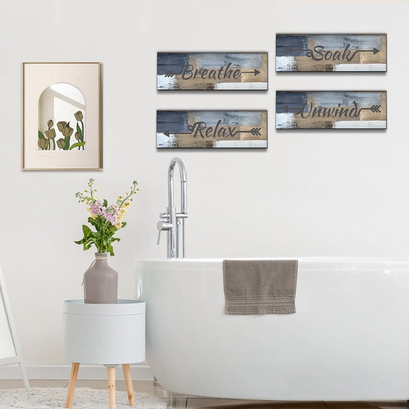 ARS Graphics ARS® 4 Pieces Blue and Brown Abstract Bathroom Wall Art Set - Relax, Soak, Unwind, Breathe Signs Decor - Image 4