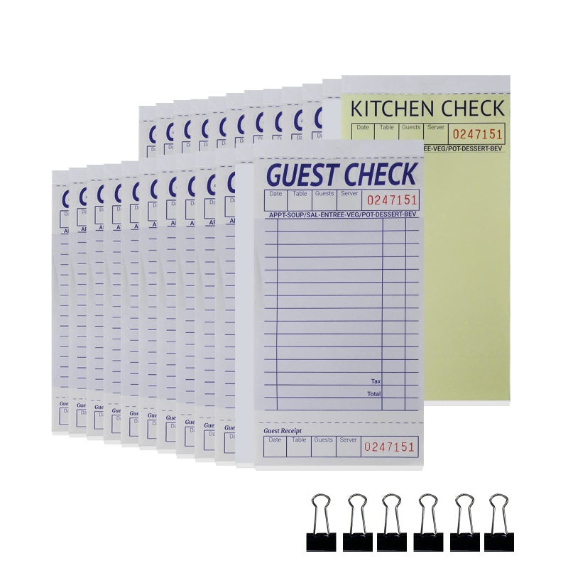 suituts 24 Books Guest Checks Server Note Pads 2Part Carbonless Guest Check Pads Order Pads for Restaurants Server Waitress 50 Sheets Per Server Pads Total 1200 Extra 6 Clips