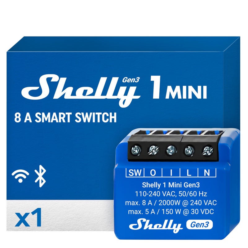 Shelly 1 Mini Gen3 WiFi Smart Switch Relay 1 Channel 8A Home Automation Bluetooth Gateway Compatible with Alexa Google Home iOS Android App No Hub Required Dry Contacts