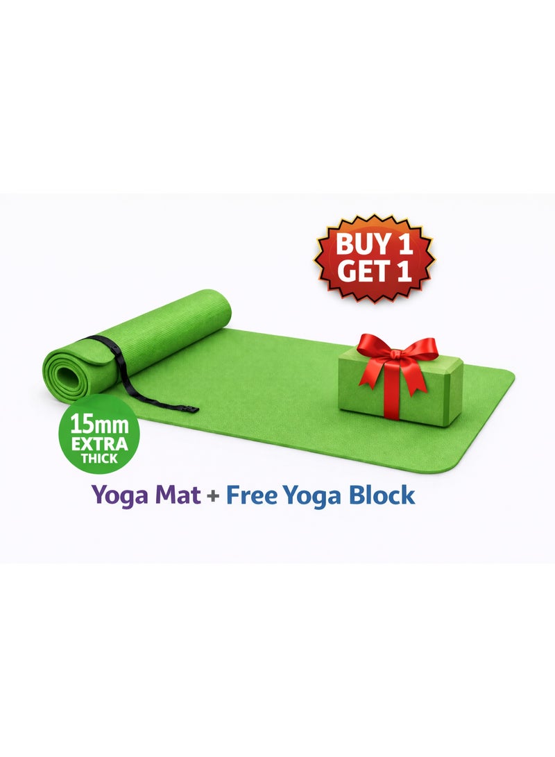 15mm Thick Green Non-Slip Yoga Mat + Green Yoga Block | Yoga & Pilates Exercise Mat – Buy 1 Get 1 Free - Image 1