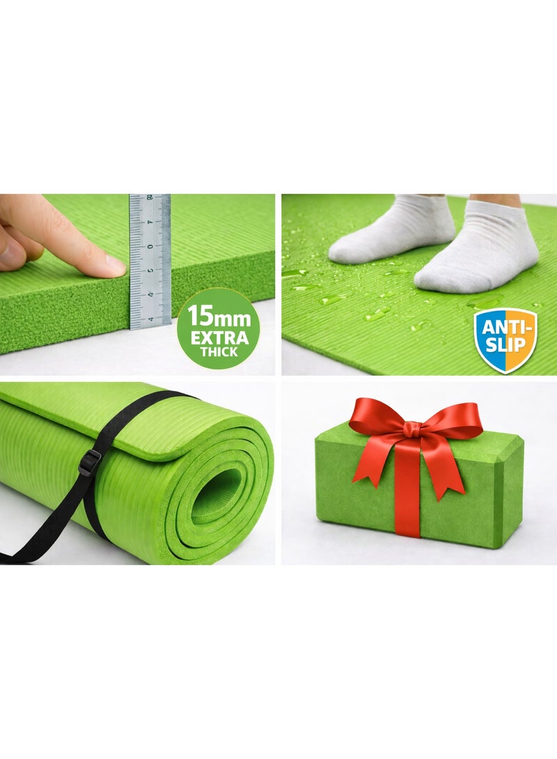 15mm Thick Green Non-Slip Yoga Mat + Green Yoga Block | Yoga & Pilates Exercise Mat – Buy 1 Get 1 Free - Image 2