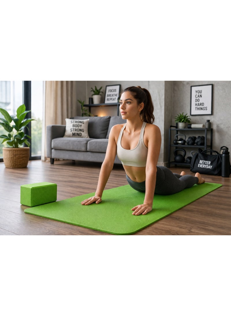 15mm Thick Green Non-Slip Yoga Mat + Green Yoga Block | Yoga & Pilates Exercise Mat – Buy 1 Get 1 Free - Image 3