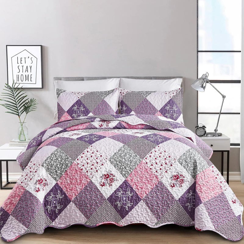 Dinjoy Purple Quilt Set California King Size Reversible Floral Plaid Patchwork Pattern Bedding Set Soft Microfiber Lightweight Bedspread 3 Piece Summer Fall Use106x96 inches Cal King