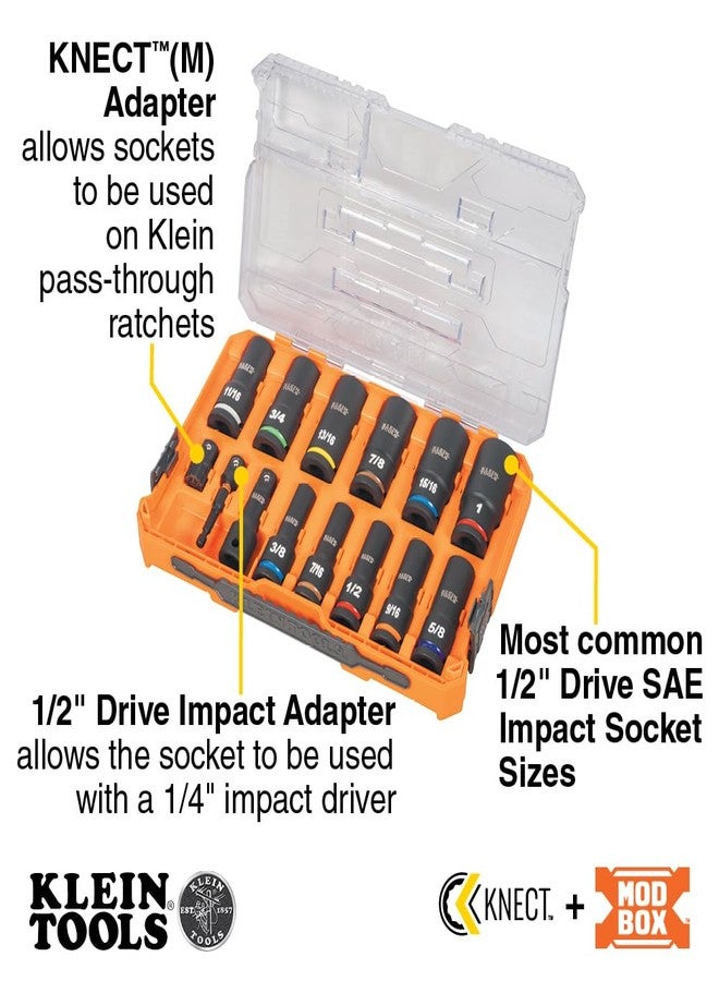 Klein Tools 65111IMPCT KNECT Deep-Well Impact Socket Set, 1/2-Inch Drive, SAE, Color Coded, MODbox Case, Impact Adapter and Extension, 14-Piece - Image 2