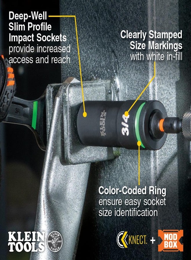 Klein Tools 65111IMPCT KNECT Deep-Well Impact Socket Set, 1/2-Inch Drive, SAE, Color Coded, MODbox Case, Impact Adapter and Extension, 14-Piece - Image 4