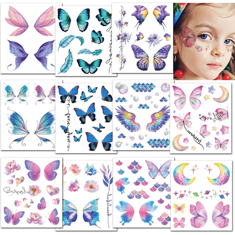 CHARLENT Glitter Butterfly Tattoos for Girls Women  12 Sheets Glitter Butterfly Face Temporary Tattoos for Girls Party Favors Festival Makeup