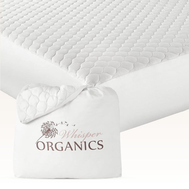 Whisper Organics 100 Cotton Organic Mattress Pad  Breathable  Cooling Mattress Protector Twin XL Size  Premium 300GSM Quilted and Noiseless Machine Washable Organic Mattress Protector White Twin XL 