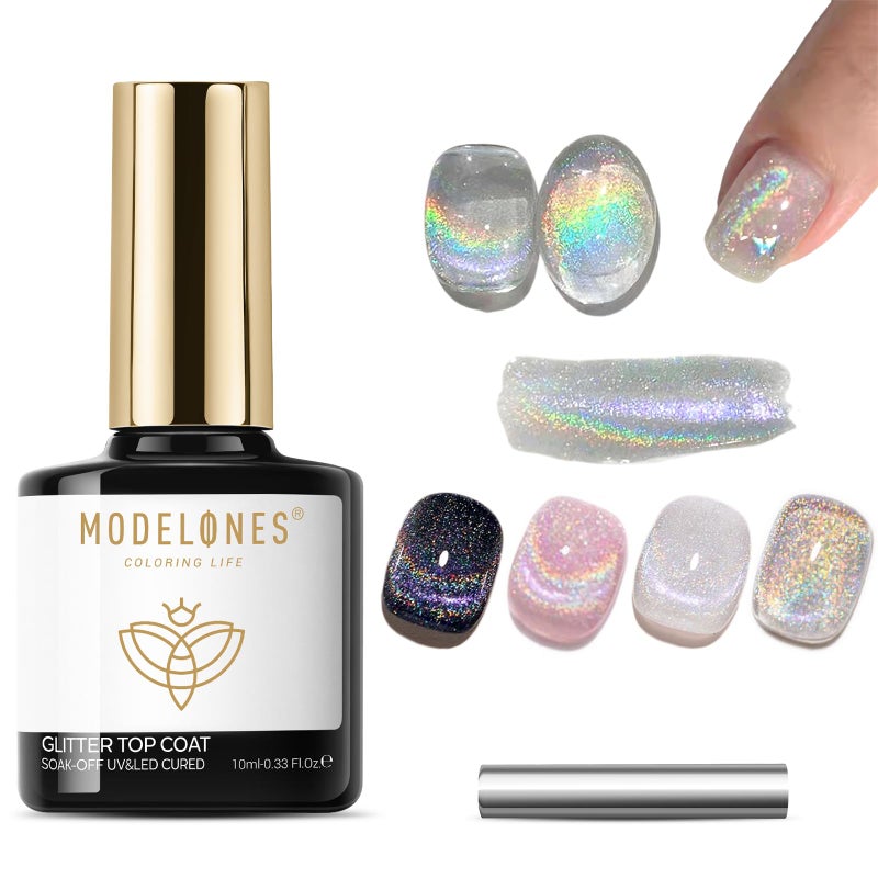 modelones Rainbow Cat Eye Gel Nail Polish Top Coat, 2-in-one 9D Glitter Clear Gel Polish with Magnet Stick Holographic Glossy Finish Long Lasting Soak Off Manicure Home Salon Nail Art 10 ML - Image 1