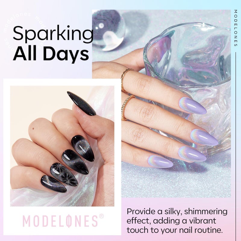 modelones Rainbow Cat Eye Gel Nail Polish Top Coat, 2-in-one 9D Glitter Clear Gel Polish with Magnet Stick Holographic Glossy Finish Long Lasting Soak Off Manicure Home Salon Nail Art 10 ML - Image 5