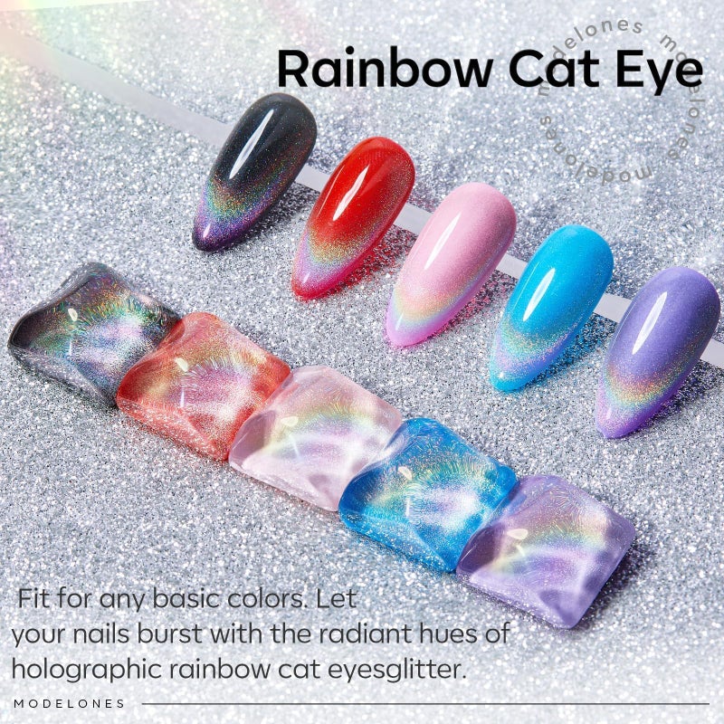 modelones Rainbow Cat Eye Gel Nail Polish Top Coat, 2-in-one 9D Glitter Clear Gel Polish with Magnet Stick Holographic Glossy Finish Long Lasting Soak Off Manicure Home Salon Nail Art 10 ML - Image 4