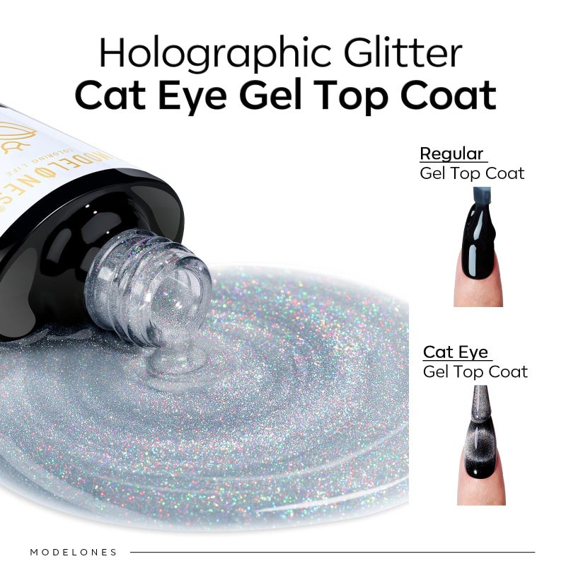 modelones Rainbow Cat Eye Gel Nail Polish Top Coat, 2-in-one 9D Glitter Clear Gel Polish with Magnet Stick Holographic Glossy Finish Long Lasting Soak Off Manicure Home Salon Nail Art 10 ML - Image 3