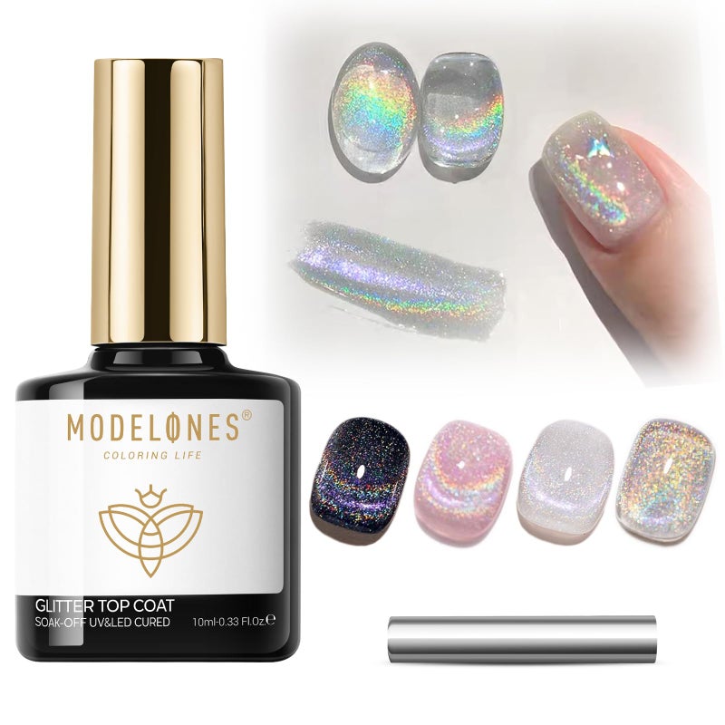 modelones Rainbow Cat Eye Gel Nail Polish Top Coat, 2-in-one 9D Glitter Clear Gel Polish with Magnet Stick Holographic Glossy Finish Long Lasting Soak Off Manicure Home Salon Nail Art 10 ML - Image 2