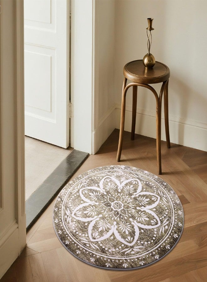 Carvapet 2ft Small Round Rugs - Vintage Washable 24 inch/61 cm Non-Slip Circle Rug with Rubber Backing Foldable Low Pile Design for Entryway Living Room Bedroom, Brown Rug - Image 3