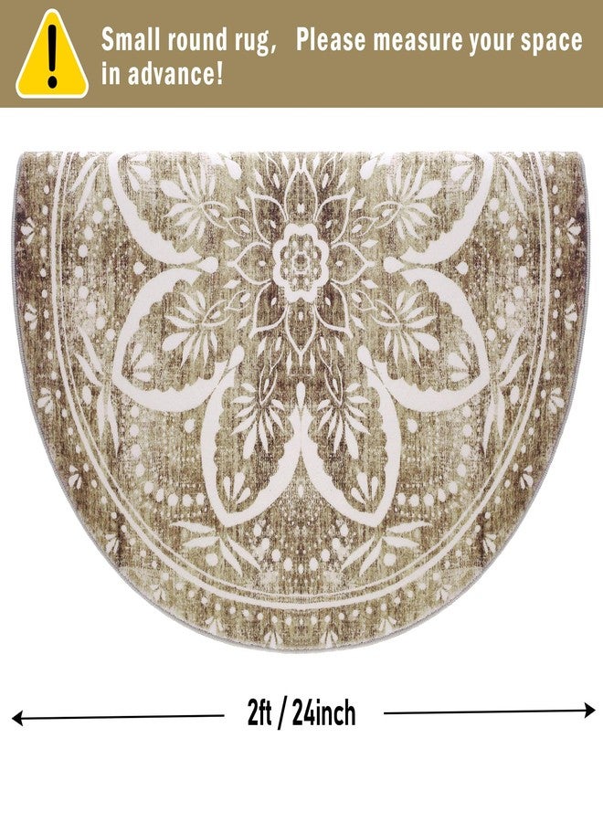 Carvapet 2ft Small Round Rugs - Vintage Washable 24 inch/61 cm Non-Slip Circle Rug with Rubber Backing Foldable Low Pile Design for Entryway Living Room Bedroom, Brown Rug - Image 2