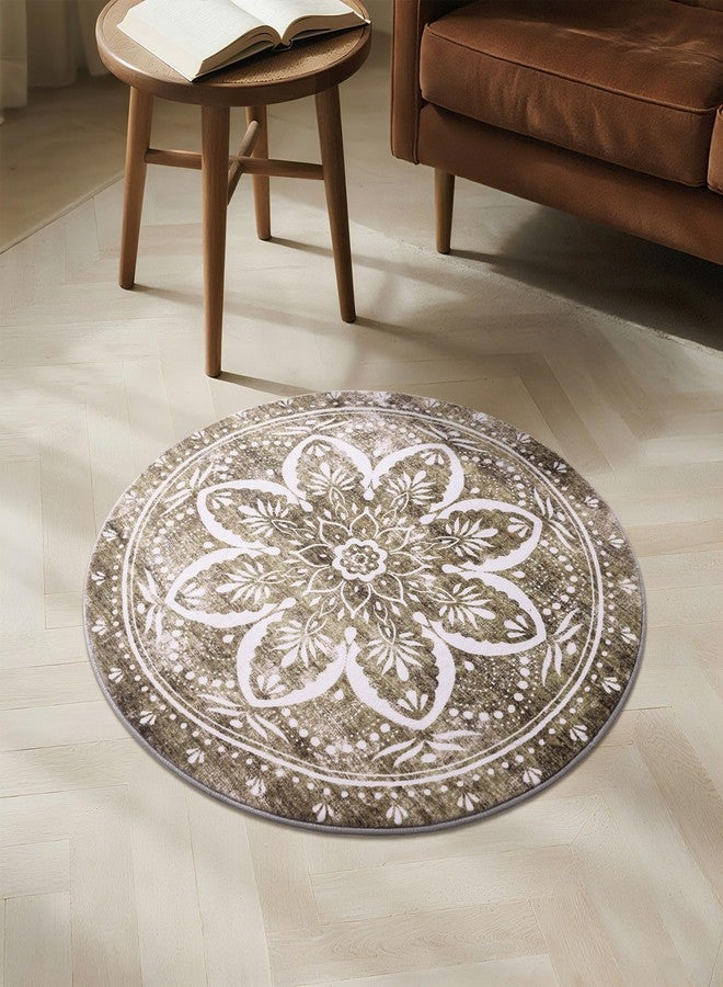 Carvapet 2ft Small Round Rugs - Vintage Washable 24 inch/61 cm Non-Slip Circle Rug with Rubber Backing Foldable Low Pile Design for Entryway Living Room Bedroom, Brown Rug - Image 1