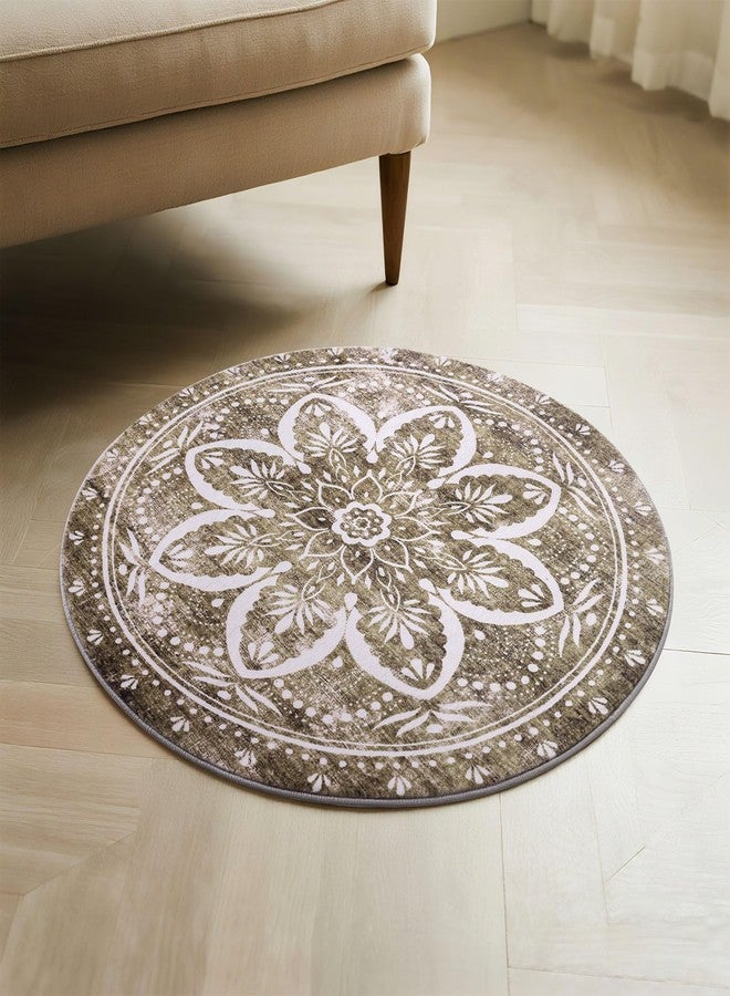 Carvapet 2ft Small Round Rugs - Vintage Washable 24 inch/61 cm Non-Slip Circle Rug with Rubber Backing Foldable Low Pile Design for Entryway Living Room Bedroom, Brown Rug - Image 4