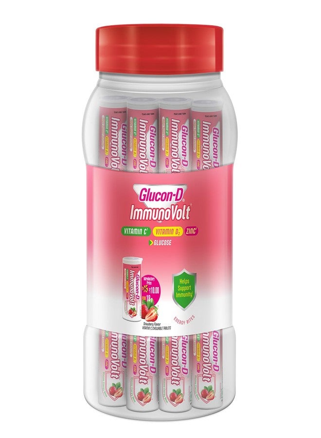 Glucon-D Immunovolt Glucose Energy Bites Strawberry - 20 Tube Packs In A Jar, Chewable, 360Gm - Image 1