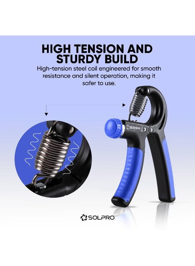 SOLPRO FirmFlex Adjustable Hand Grip Strengthener for Men & Women | Adjustable 5 to 60 kg Resistance | Forearm, Wrist & Finger Strengthener | Home, Gym & Rehab Workouts (Black/ Blue) - Image 2