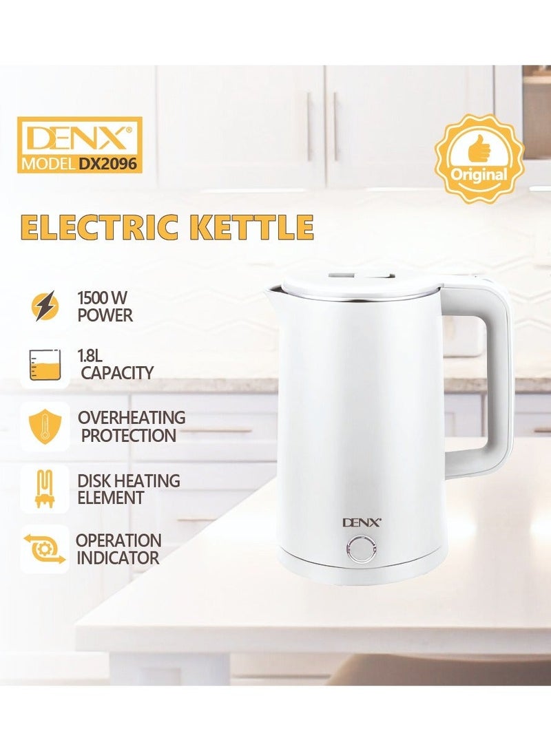 Denx DX2096 Stainless Steel Electric Kettle - 1.8L Capacity & 1500W Fast Boiling - Double-Wall Cool Touch Exterior for Burn Protection - Auto Shut-Off & Boil-Dry Protection - Modern White Design. - Image 3