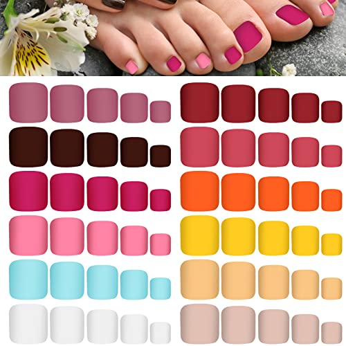 Maitys 336 Pieces 12 Sets Toenail Press on Fake Toe Nails Short Square False Glue on Solid Color Full Cover Press Nails Matte Fake Toenails for WomenCute Colors - Image 1