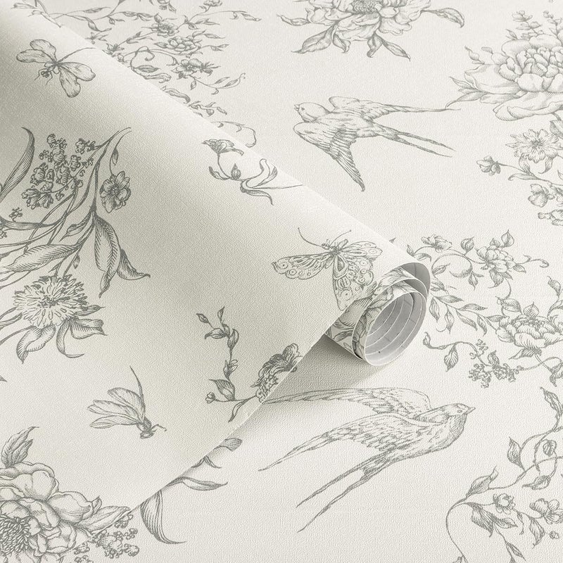 Froluya Floral Peel and Stick Wallpaper Vintage Contact Paper 16.9"x 118.1" Cream White and Gray Wallpaper Peel and Stick Floral Birds Self Adhesive Removable Wall Paper for Bathroom Cabinets Decor - Image 1
