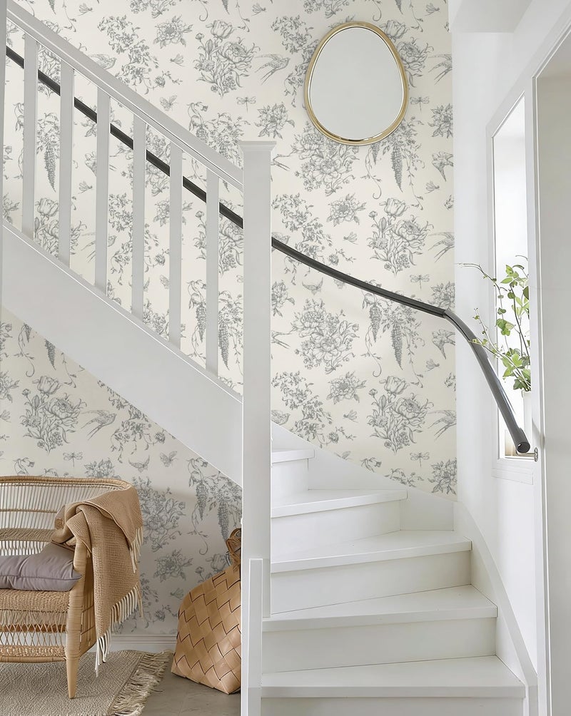 Froluya Floral Peel and Stick Wallpaper Vintage Contact Paper 16.9"x 118.1" Cream White and Gray Wallpaper Peel and Stick Floral Birds Self Adhesive Removable Wall Paper for Bathroom Cabinets Decor - Image 3