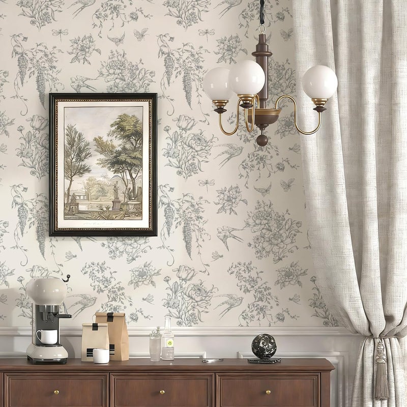 Froluya Floral Peel and Stick Wallpaper Vintage Contact Paper 16.9"x 118.1" Cream White and Gray Wallpaper Peel and Stick Floral Birds Self Adhesive Removable Wall Paper for Bathroom Cabinets Decor - Image 5