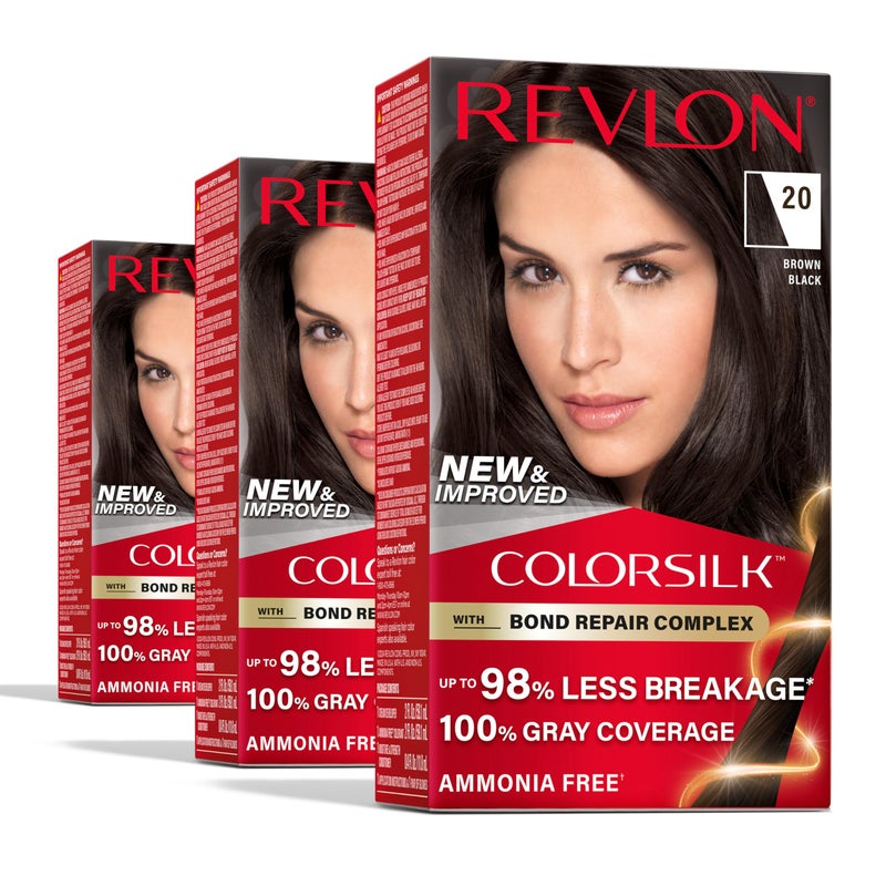 Revlon ColorSilk with Bond Repair Complex, Black Permanent Hair Color, 100% Gray Coverage, Ammonia Free Hair Dye, Vegan Keratin, 20 Brown Black (Pack of 3) - Image 1
