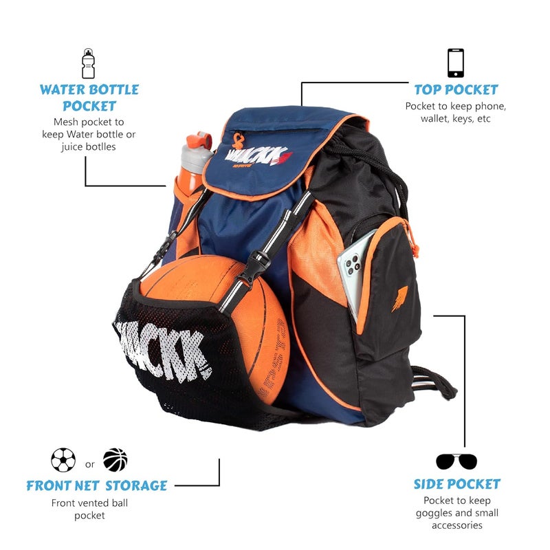 WHACKK Storm Soccer Football Equipment Bag | Sports Men Boys Drawstring Backpack | Mobile Bottle Holder Pocket | Gym Bag (Navy Orange) - Image 3