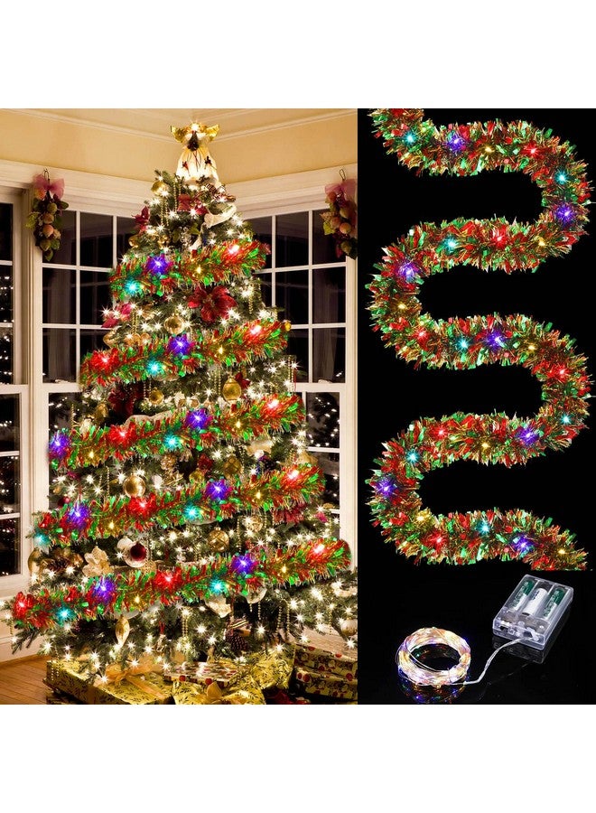 Dingion 39.4 ft Christmas Tinsel Garland Christmas Tree Garland with 120 LED Lights Hanging Christmas Garland Xmas Tinsel Garland for Home Decor(Red, Green, Gold Garland, Colorful Light) - Image 1