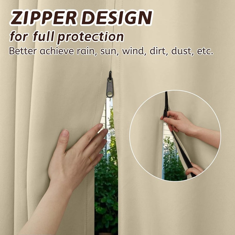 Arfntevss Outdoor Curtains for Patio Waterproof 2 Panels Blackout Curtains 120 inch Long with Zipper Top & Bottom Grommet Sun Blocking Outdoor Privacy Drape for Gazebo Porch Pergola (54x120, Beige) - Image 2