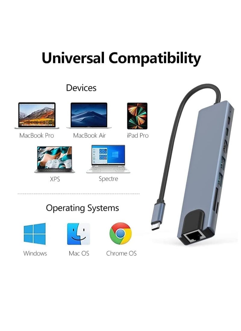 MIGOFAST - USB C Hub, 8 in 1 Type C Hub Multiport Adapter with 4K HDMI, PD Power Delivery, USB-C, Ethernet, 2 USB, SD/TF Card Reader Compatible with Mac Book Pro XPS and More Type C Devices - Image 1