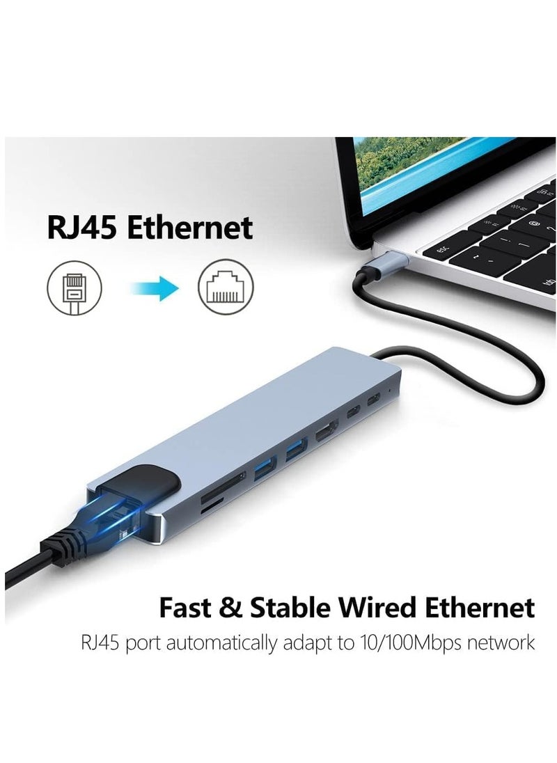 MIGOFAST - USB C Hub, 8 in 1 Type C Hub Multiport Adapter with 4K HDMI, PD Power Delivery, USB-C, Ethernet, 2 USB, SD/TF Card Reader Compatible with Mac Book Pro XPS and More Type C Devices - Image 1