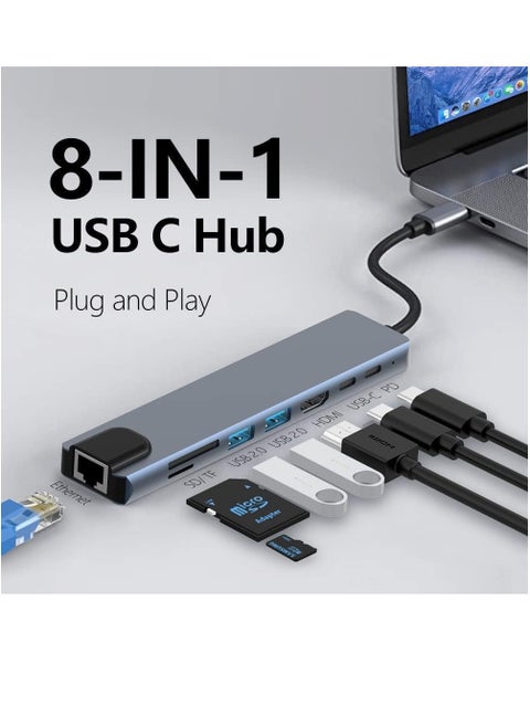 USB C Hub, 8 in 1 Type C Hub Multiport Adapter with 4K HDMI, PD Power Delivery, USB-C, Ethernet, 2 USB, SD/TF Card Reader Compatible with Mac Book Pro XPS and More Type C Devices