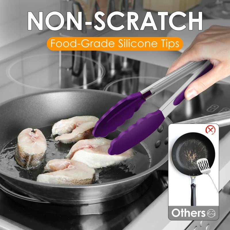 HOTEC Premium Stainless Steel Locking Kitchen Tongs with Silicon Tips, Set of 3-7", 9" and 12" (Purple) - Image 3