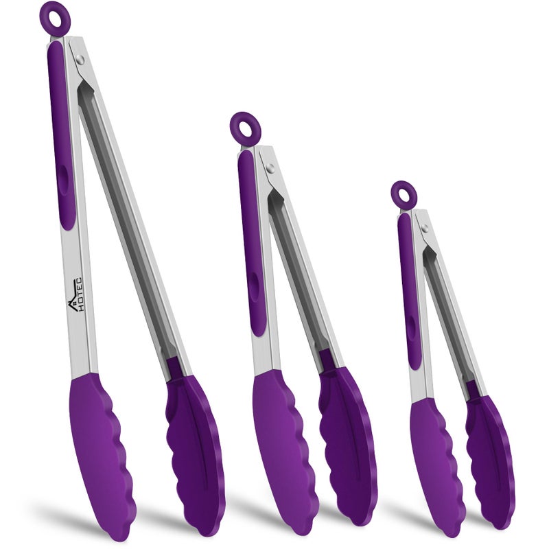 HOTEC Premium Stainless Steel Locking Kitchen Tongs with Silicon Tips, Set of 3-7", 9" and 12" (Purple) - Image 1