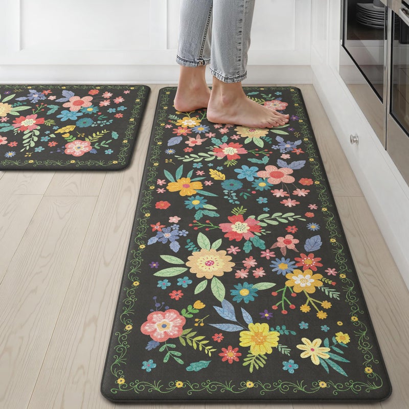 GENIMO Kitchen Mats for Floor 2PCS, Cushioned Kitchen Rugs Non Slip Washable, Farmhouse Anti Fatigue Mat Waterproof, Comfort Standing Mat Rug for Office, Home, Laundry, 17.3"x47"+17.3"x30", Black - Image 1