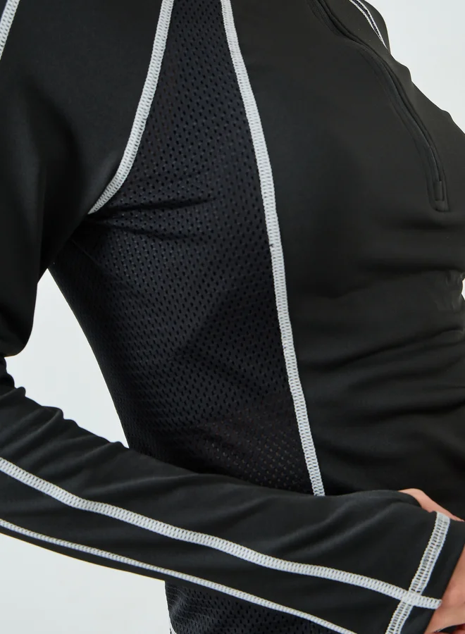 Styli Active Black Black Contrast Stitch Detail Thumbhole Half Zip Up Top for Women | Best Price UAE