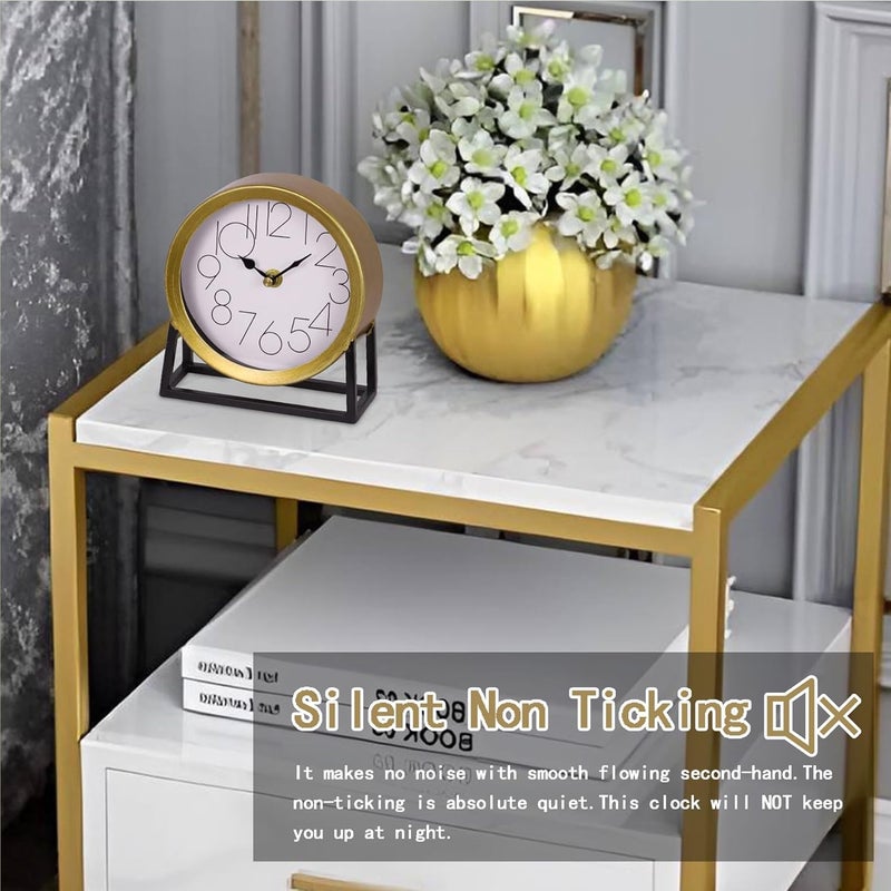VinSees ساعة طاولة ذهبية عصرية على قاعدة، ساعة زخرفية للمكتب والرف، ساعة mantel ساعة مزرعة غير مزعجة، ديكور منزلي لغرفة المعيشة، غرفة النوم، بجانب السرير، المكتب، ساعة هدية (ذهبي) - Image 5